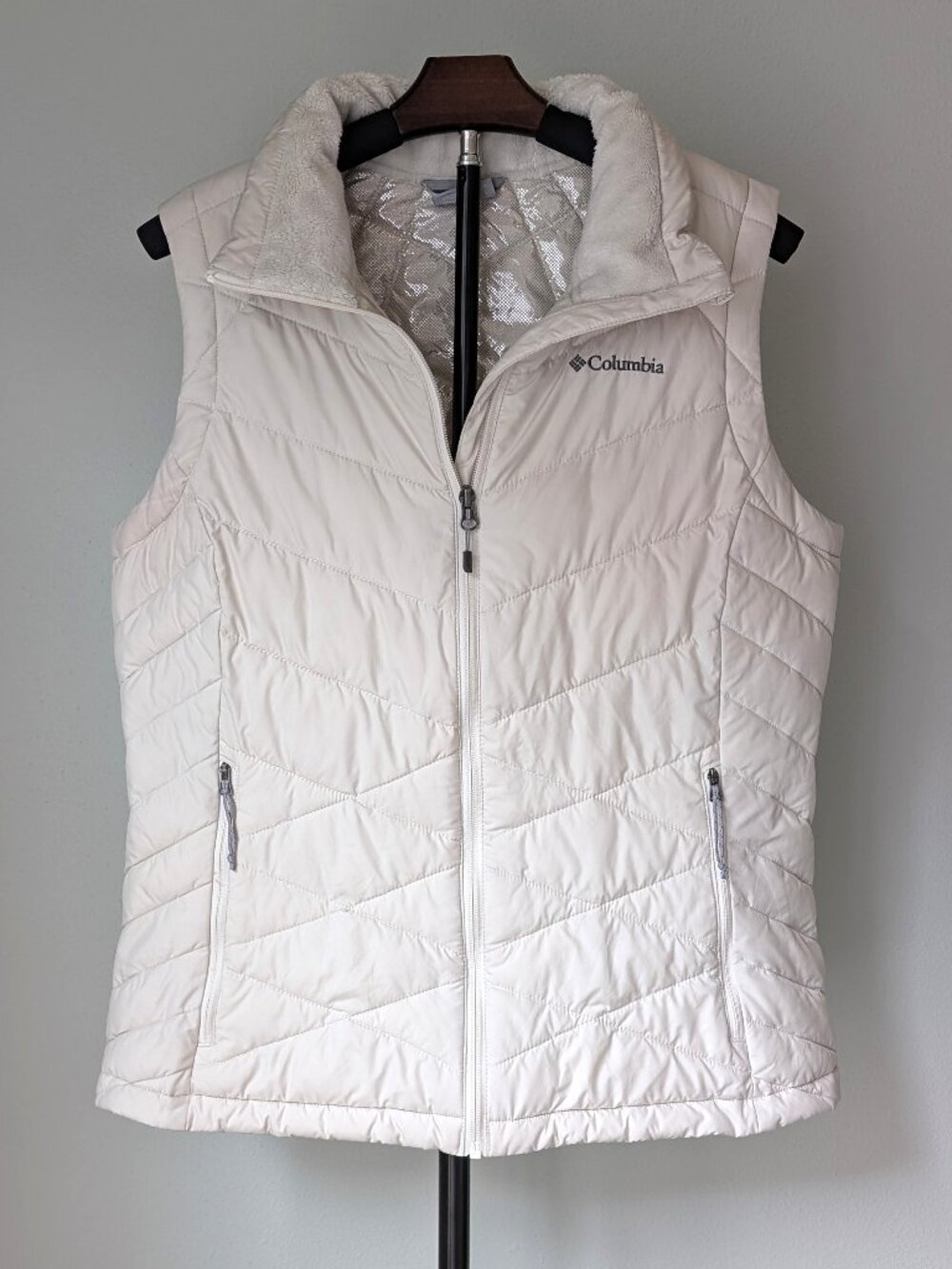 Columbia Heavenly Omni-Heat Quilted Cream White Puffer Vest Plush Collar Large